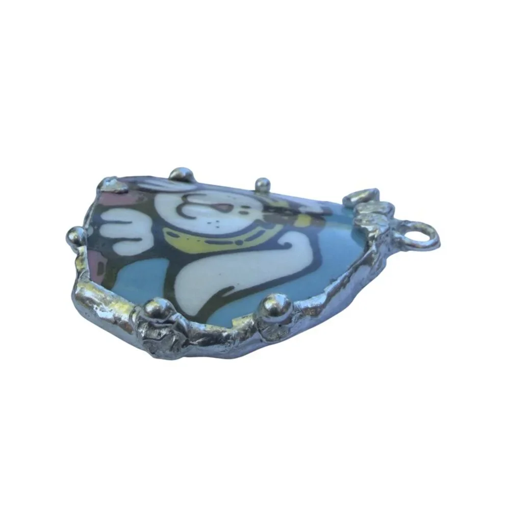 Royal Norfolk Easter Bunny Broken China Pendant - Silver Cabochon Necklace 1.5" - Picture 11 of 15